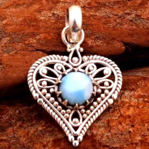 Larimar Gemstone Sterling Silver Solid Handmade Heart Pendant - Picture 1 of 2